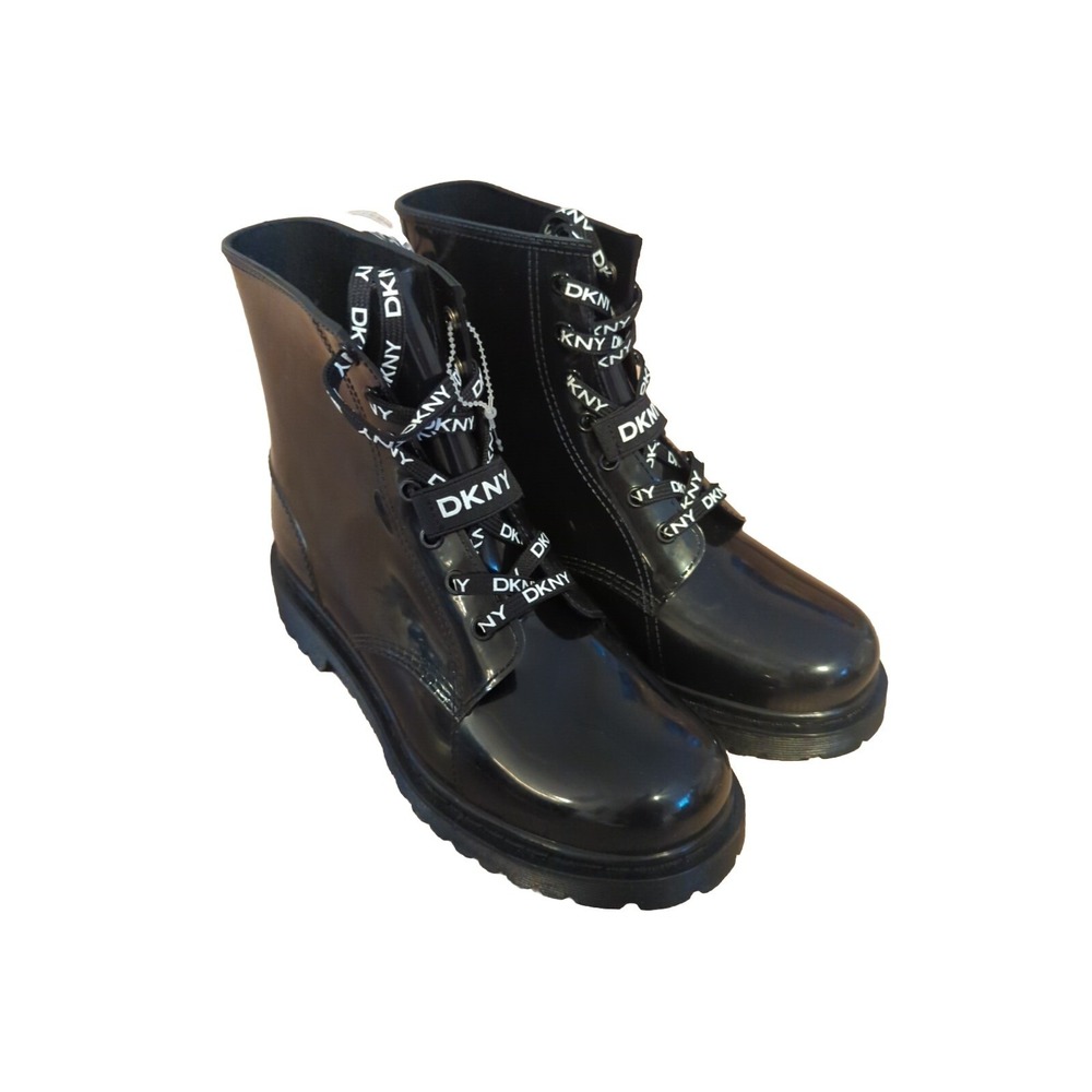 DKNY Shiney Black Waterproof Combat Boots NEW  SIZE 8